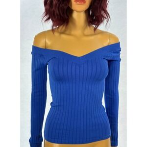 Ribbed off the Shoulder Top MEDIUM Blue V Neck Long Sleeve Stretch Sexy Bodycon